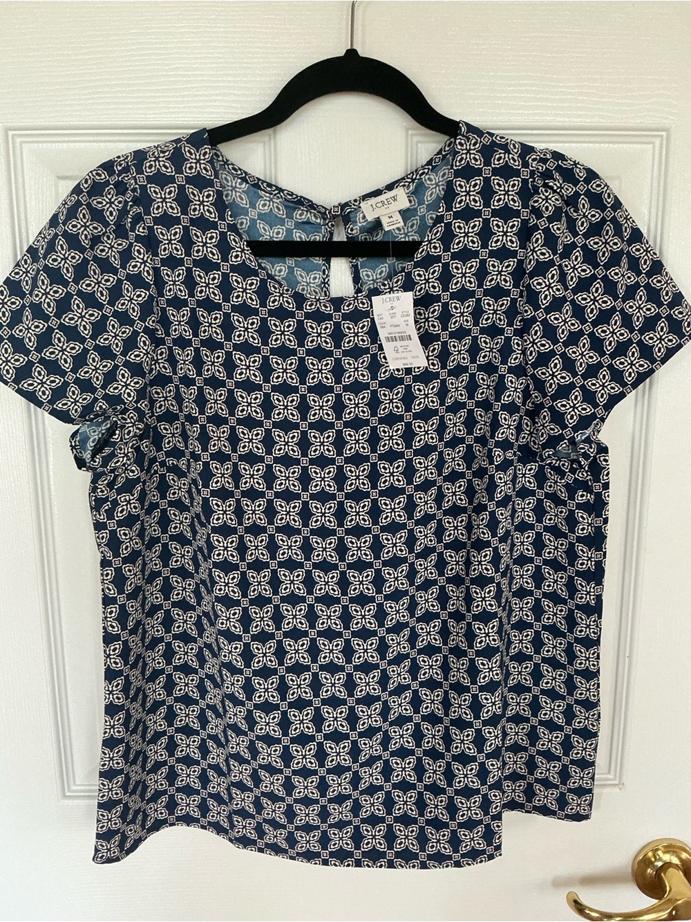J. Crew Navy and White Geometric Short-Sleeve Top